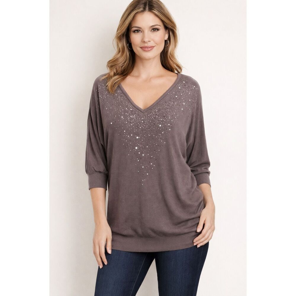 Studio Y Womens Mauve Sequin VNeck Blouse Size L Sparkle‎ Tunic Top 3/4 Sleeve T
